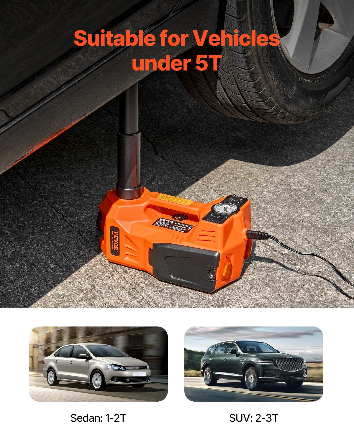 Electric Car Jack, 5 Tons /11000 Lbs, Electric Scissor Jack With Built-In Inflator, 12V Adjustable Tire Change Replacement With Secure Hammer & LED Light, Portable Jack Kit For Sedan, SUV, Truck